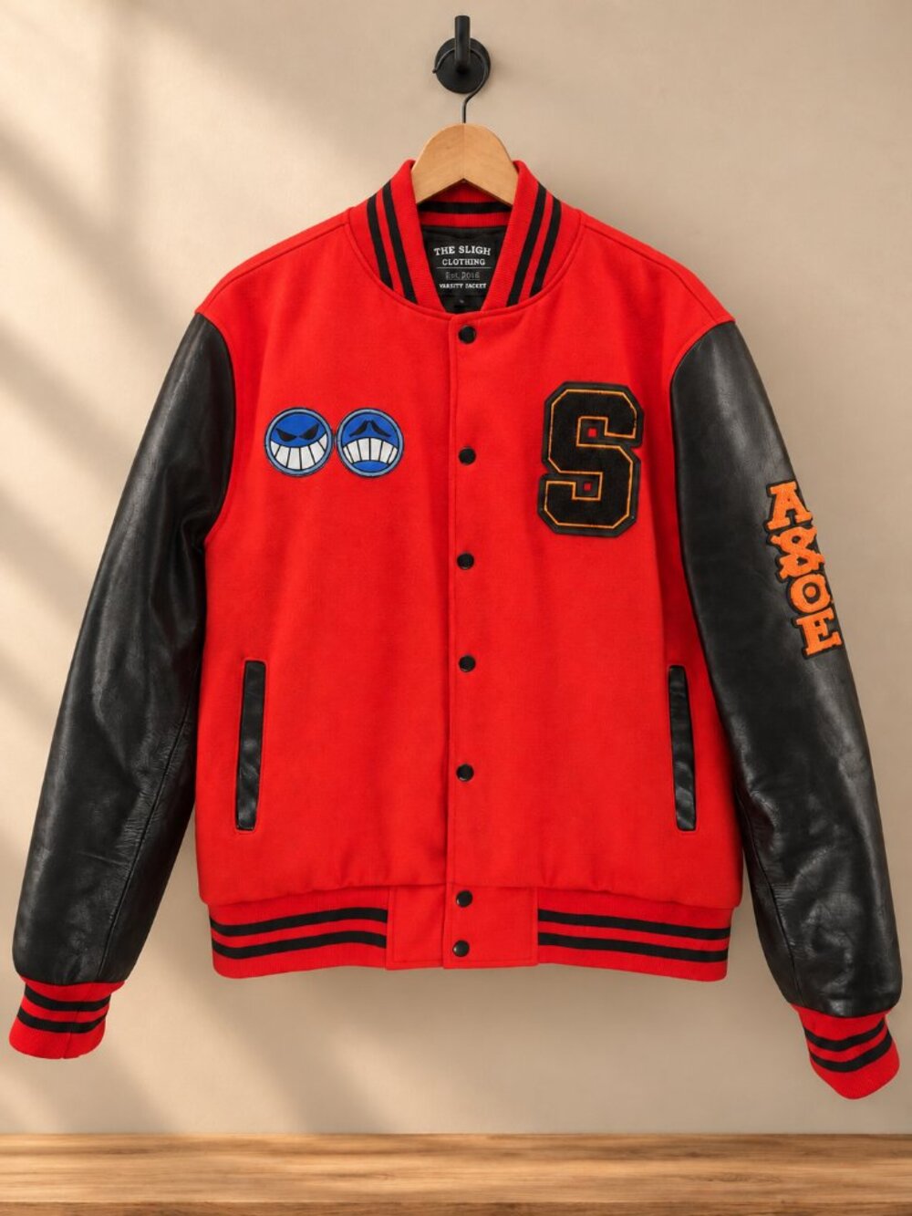 One Piece Portgas D. Ace Anime Varsity Jacket, Red & Black, Men's Size L